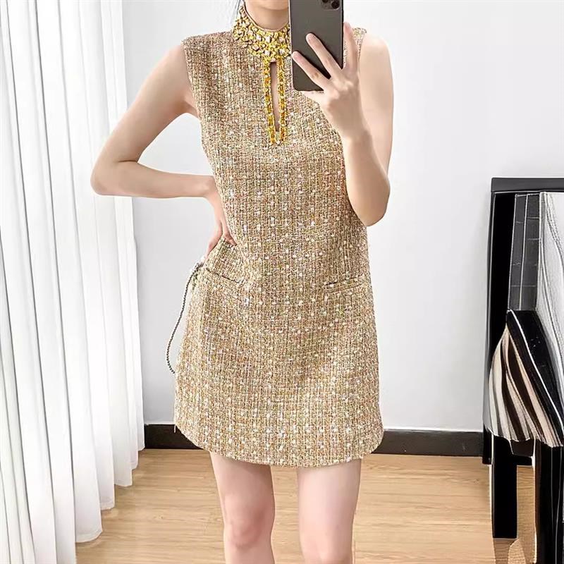 黄色小香风连衣裙女夏季短裙重工设计感法式千金气质时尚礼服裙子
