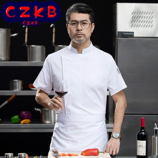 酒店新款白色厨师服短袖男女透气弹力棉后厨房工衣厨师工作服刺绣