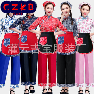 新款采茶女舞蹈表演套装民国客家衣服阿庆嫂农村姑娘碎花演出服装