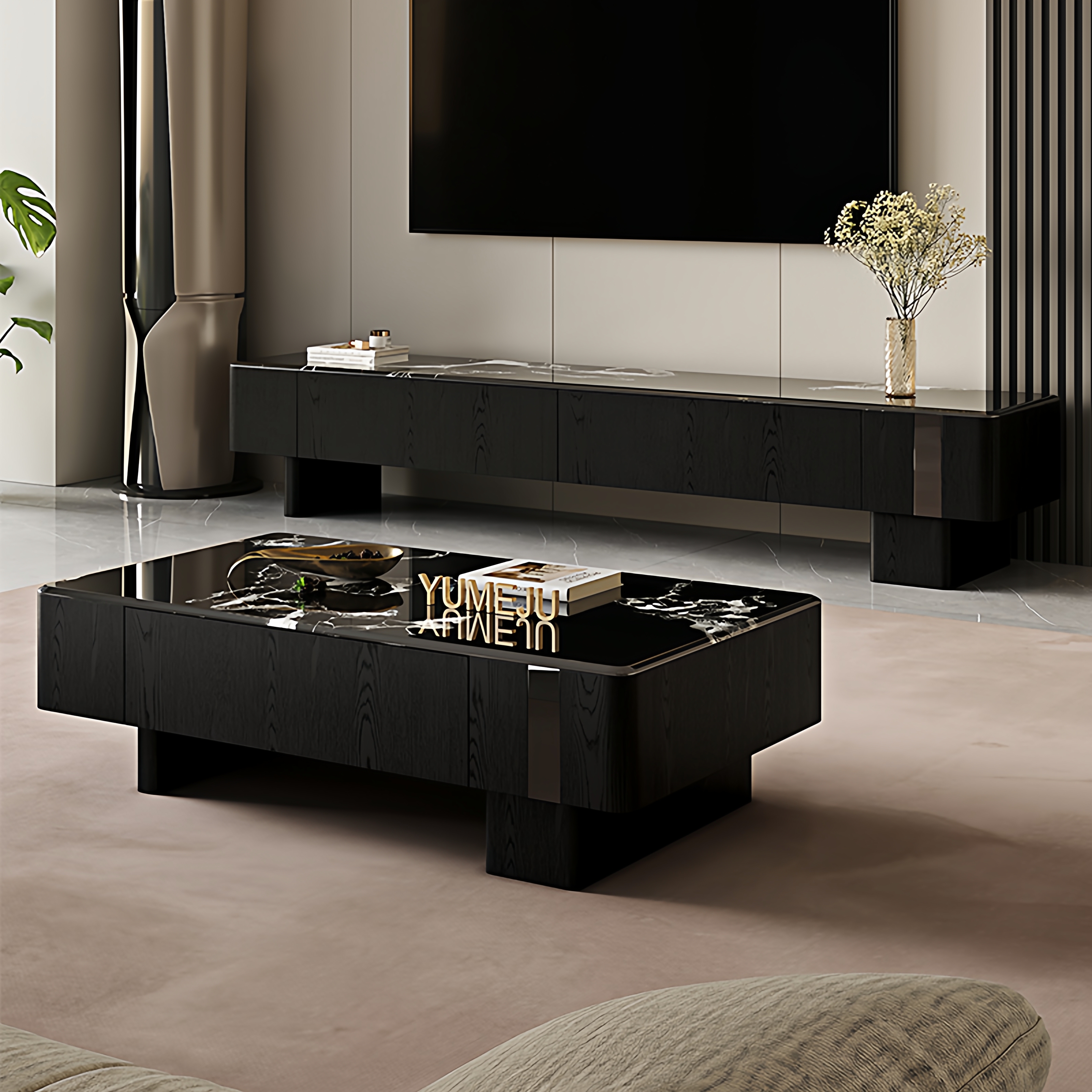 现代简约黑色系高级感方形大理石茶几电视柜组合大小户型地柜茶几