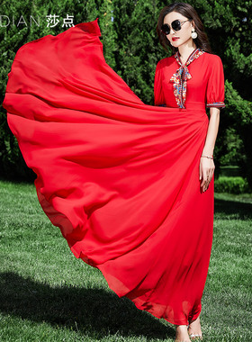 红色连衣裙夏季女长款显瘦大摆裙雪纺长裙海边度假沙滩裙飘带新款