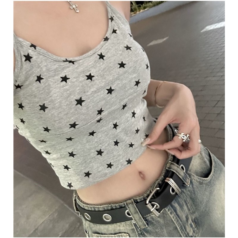 美式辣妹星星印花无袖小吊带背心女外穿夏装修身显瘦短款内搭上衣