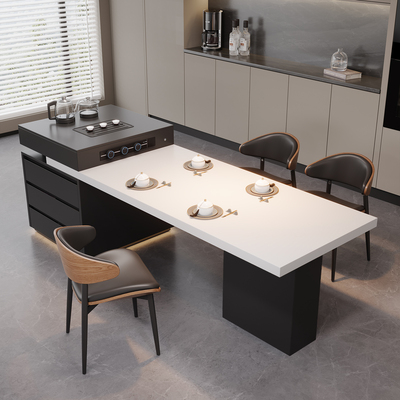 意式极简高级实木岛台餐桌一体