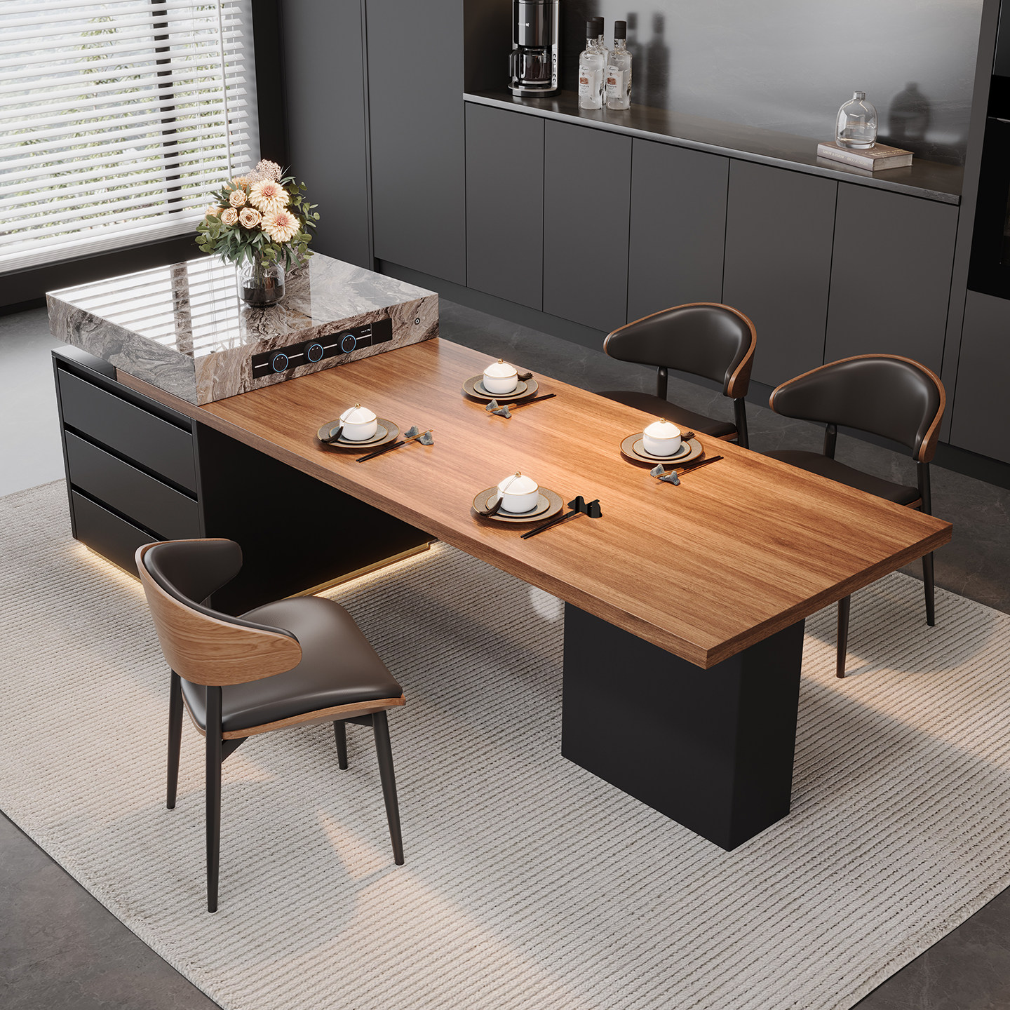 意式高端岩板岛台餐桌一体家用可伸缩大小户型厨房多功能岩板岛台