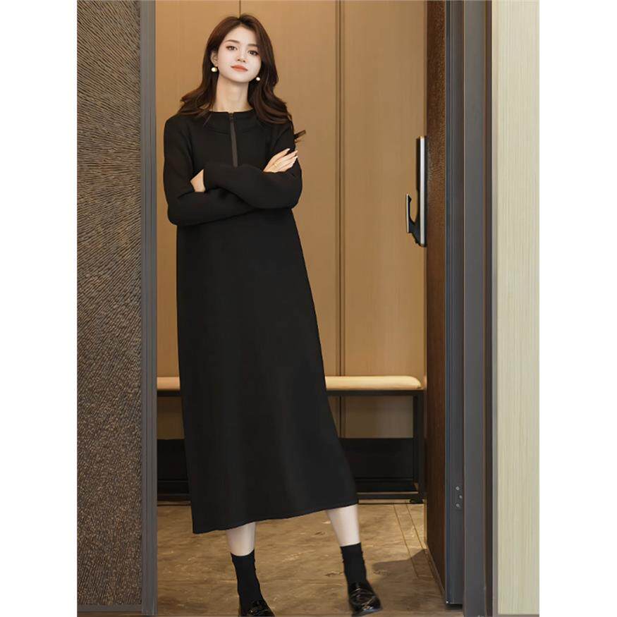 柒院家大码女装通勤半拉炼连帽连衣裙2025秋季款宽松遮肉显瘦长裙