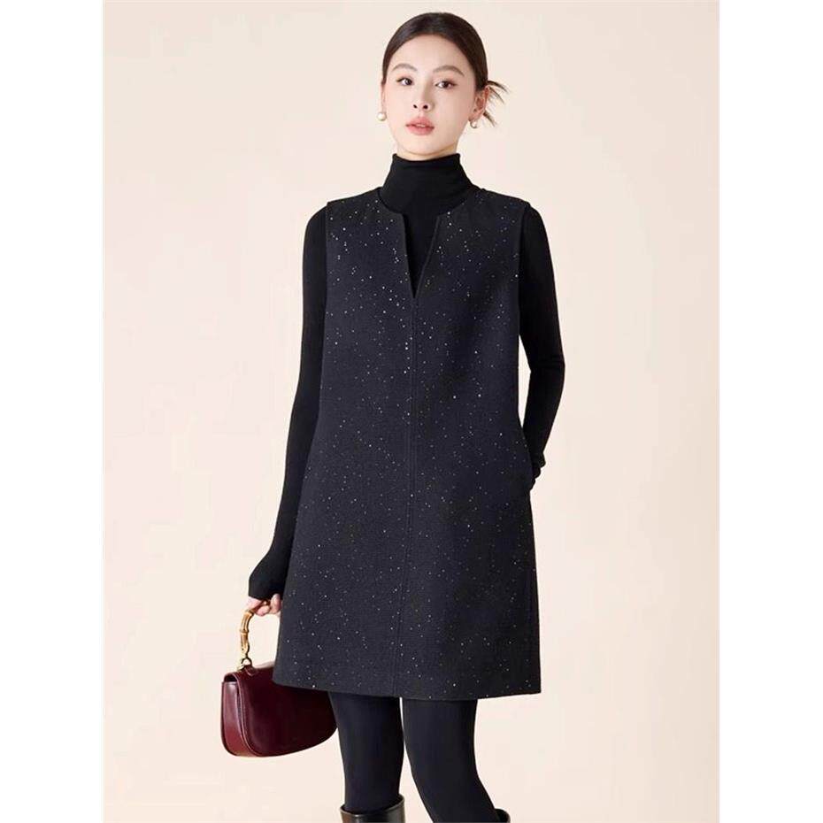 羊毛马甲裙连衣裙2025秋冬中长款A字裙打底裙子女无袖毛呢背心裙