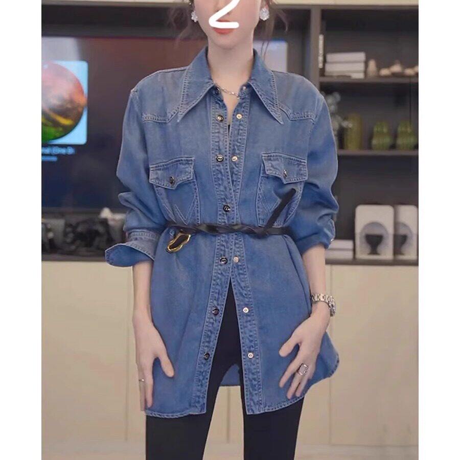 法式叠穿软牛仔衬衫女高级感春秋季中长版港风覆古气质衬衫薄外套