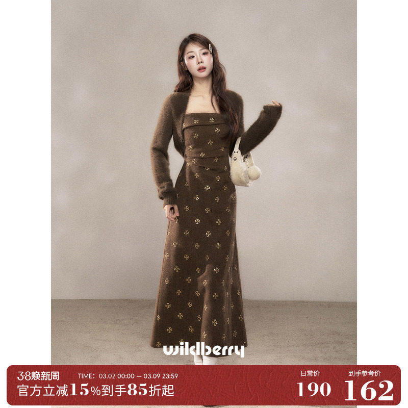 一颗小野莓法式复古吊带裙连衣裙女冬季新款今年超好看的棕色长裙