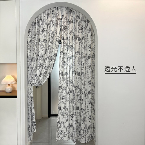 法式松果透光不透人门帘伸缩杆免打孔窗纱帘高档精细印花雪纺纱帘