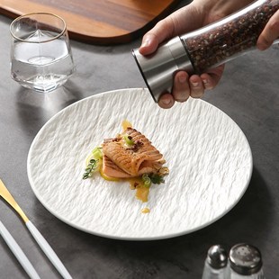 哑黑纯色石纹盘子牛排盘陶瓷平盘哑白色西餐十寸餐厅星级酒店餐具