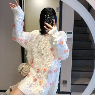 日系古着手工棒针粗线宽松慵懒套头毛衣女中长2021年新款 春秋外穿