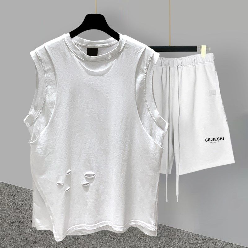 假两件无袖t恤套装男夏季韩版潮流百搭帅气学生宽松直筒裤五分裤,男装,休闲运动套装,淘宝优惠券,粉丝福利购,淘宝优惠卷