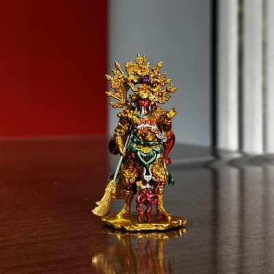 崇宁真君铁佛寺关公造像纯铜实心釉彩手绘车载办公室案头小摆件