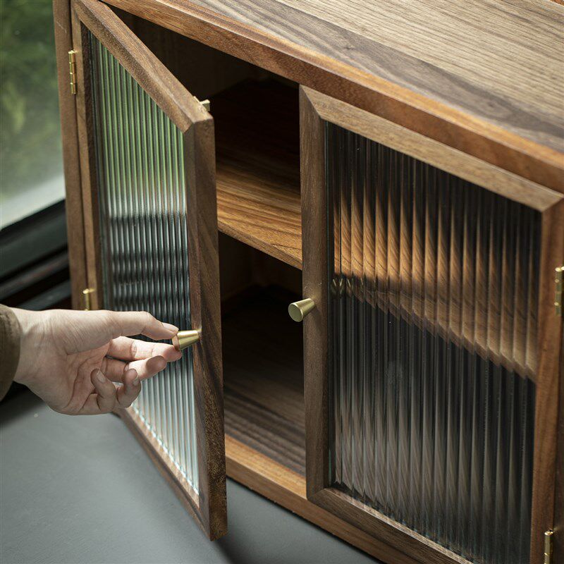 可叠层胡桃木储物柜落地实木收纳柜玻璃门餐边柜茶具杯子展示柜子