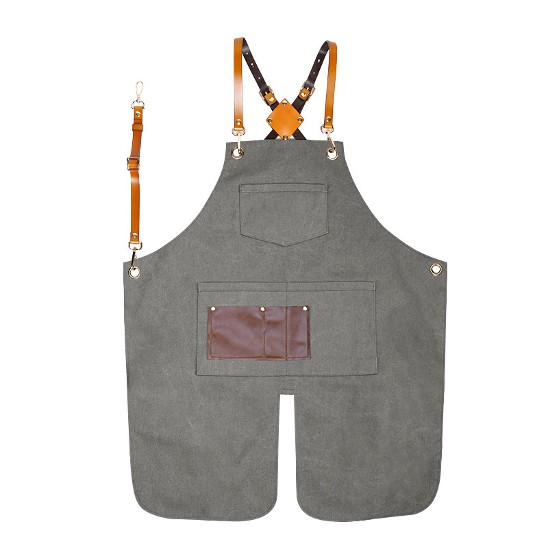 韩版开叉新款帆布围裙定制印字女咖啡师理发店西餐厅酒吧工作服男