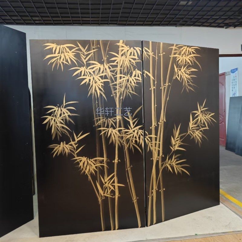 定制手绘黑色金竹漆画屏风折叠移动中式简约沙发背景墙隔断玄关