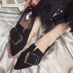 尖头平底鞋女鞋秋季2021新款百搭韩版潮水钻单鞋深口加绒女鞋黑色