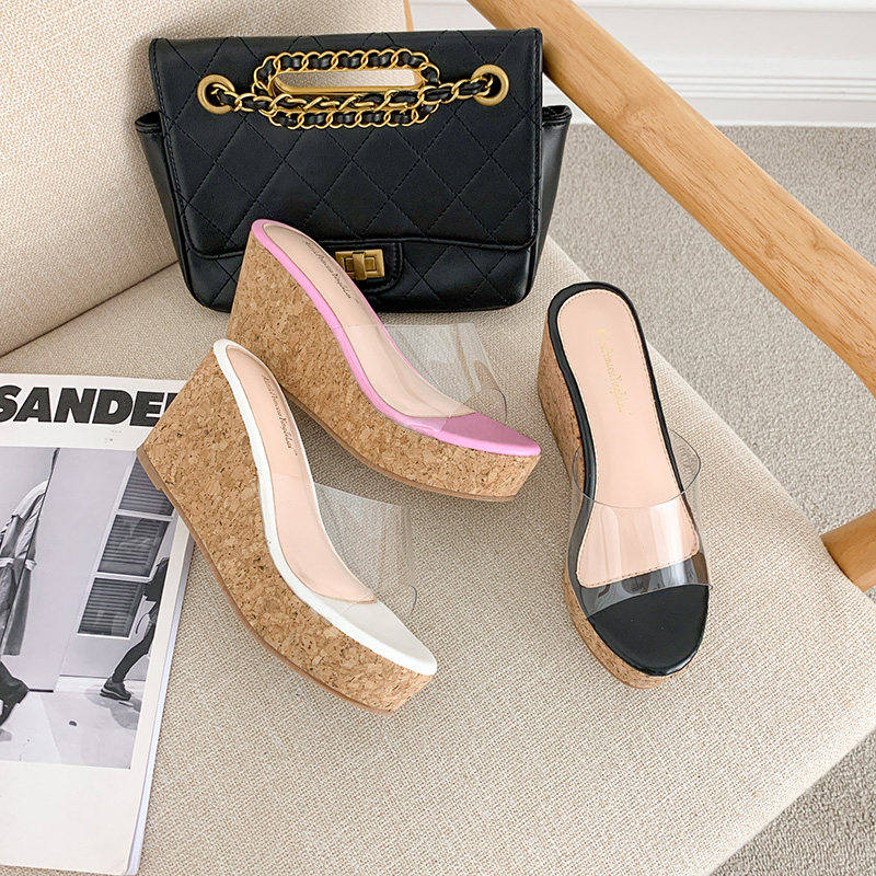 10CM防水台松糕女鞋厚底透明鱼嘴凉鞋坡跟超高跟鞋豹纹时尚拖鞋女