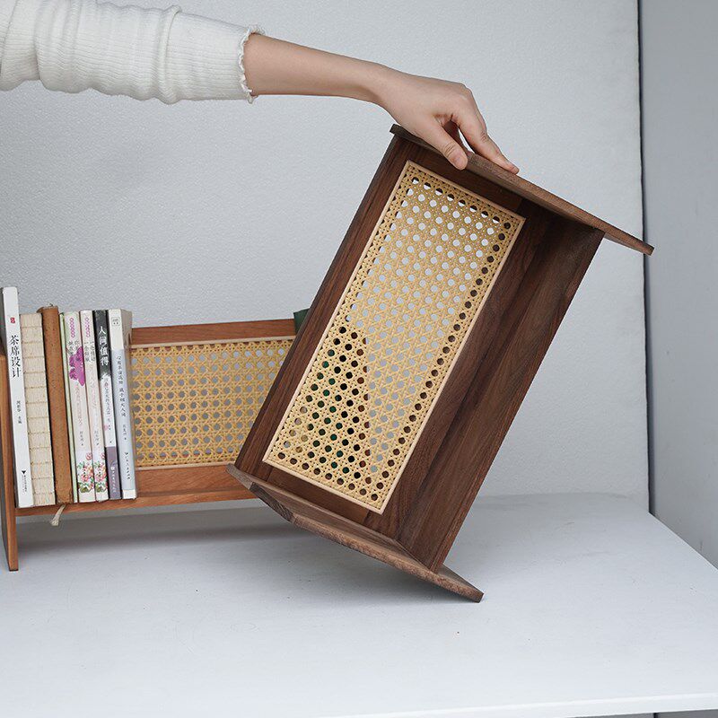 黑胡桃木藤编书架桌面置物架实木办公室书房书立架小架子简易收纳
