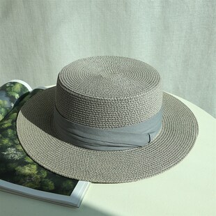 黑色法式平顶草帽女夏平檐礼帽遮阳逛街度假旅行太阳帽男大头围帽