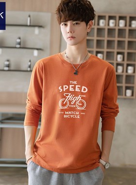 橘黄橙色长袖t恤男士2025春季新款青少年高中生潮流加绒秋衣