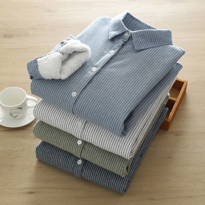 加绒保暖条纹长袖衬衫女2024秋冬新品宽松百搭文艺纯棉加厚衬衣,女装/女士精品,衬衫,淘宝优惠券,粉丝福利购,淘宝优惠卷