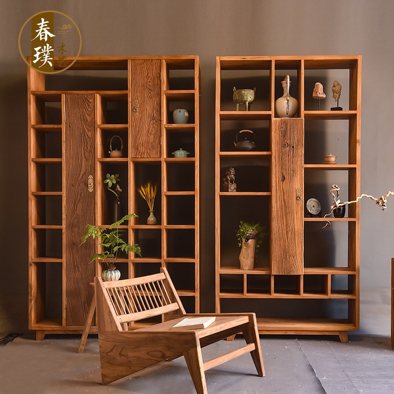 侘寂风实木博古架老榆木展示柜餐边柜中古茶具置物架茶杯多宝阁
