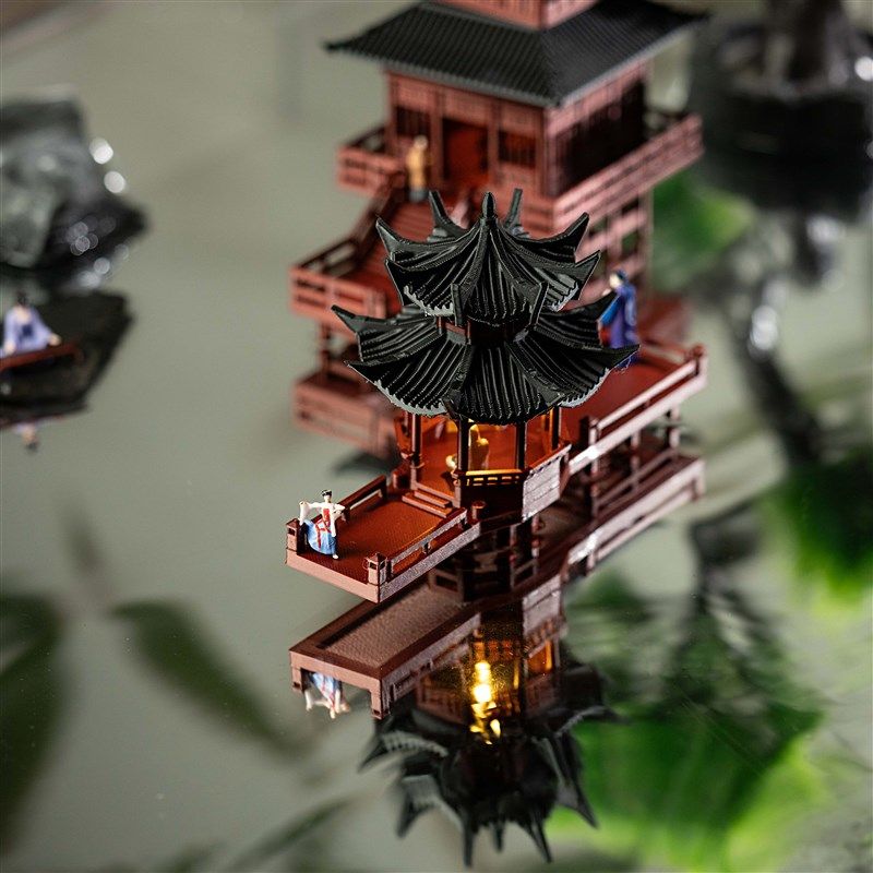 行云阁带灯凉亭带灯造景小摆件假山奇石水陆缸鱼缸庭院古建筑模型