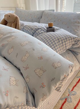 蓝色花仙兔卡通全棉床上四件套100少女心被套床单宿舍三件套4