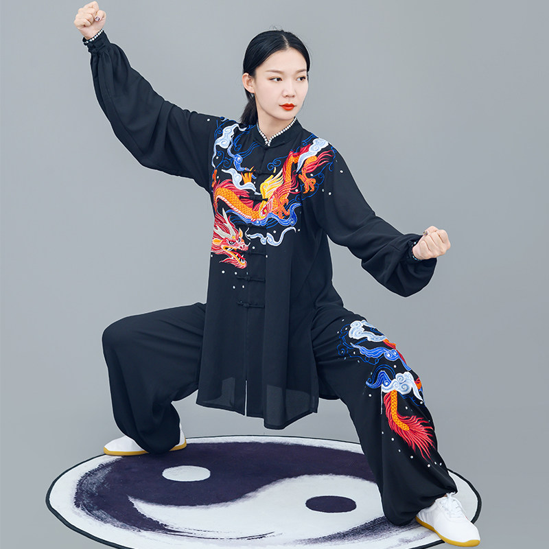 马蕾太极新款太极服健身气功竞赛武术服太极刺绣丝麻刺绣蛟龙出海