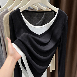 黑色纯色双层领t面膜体t恤女2024新款小众内搭欧货独特别致打底衫