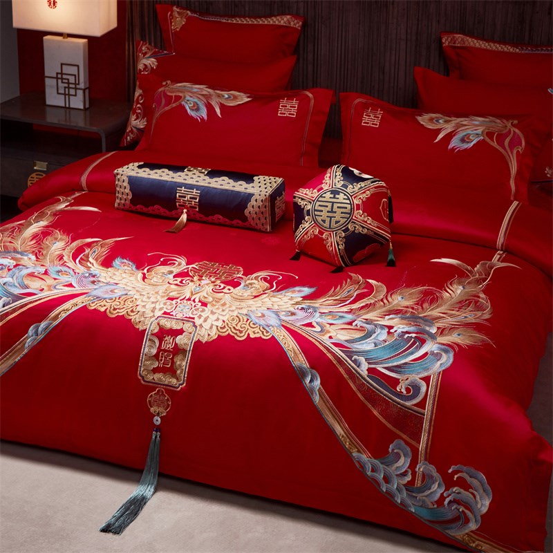 100支长绒棉刺绣新婚庆纯棉四件式结婚床上用品婚庆陪嫁大红色喜