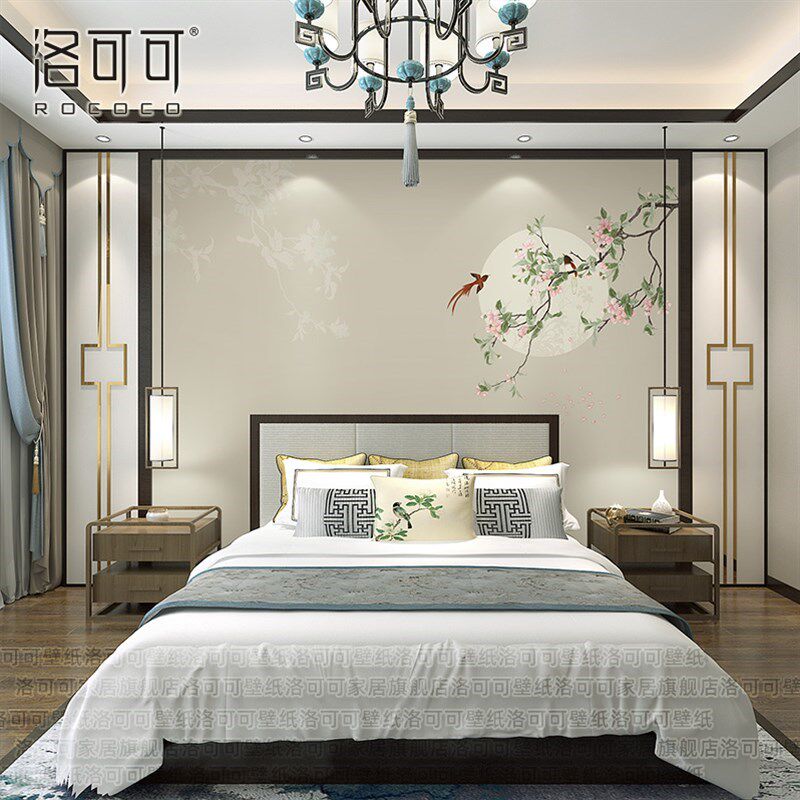 新款新中式壁布客厅沙发背景墙壁纸卧室床头餐厅壁画淡雅花鸟电视