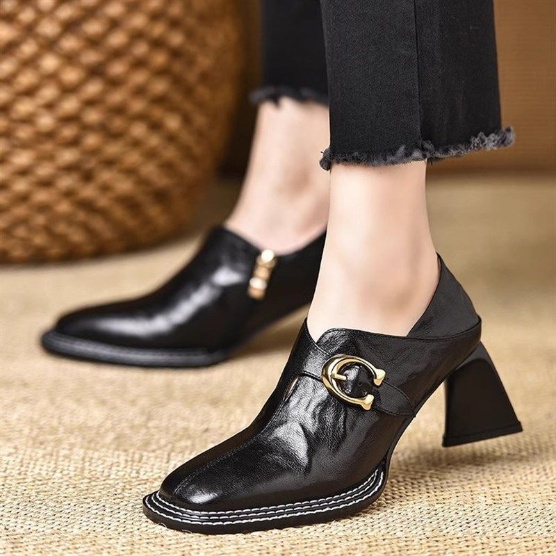 方头深口单鞋女2025春季新款英伦风小皮鞋粗跟气质百搭黑色高跟鞋,女鞋,深口单鞋,淘宝优惠券,粉丝福利购,淘宝优惠卷