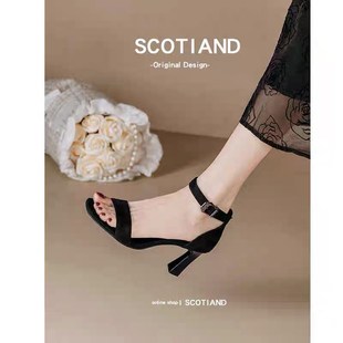 时装简约高跟鞋女2024夏季一字带仙女风小粗跟中跟小码33配裙凉鞋