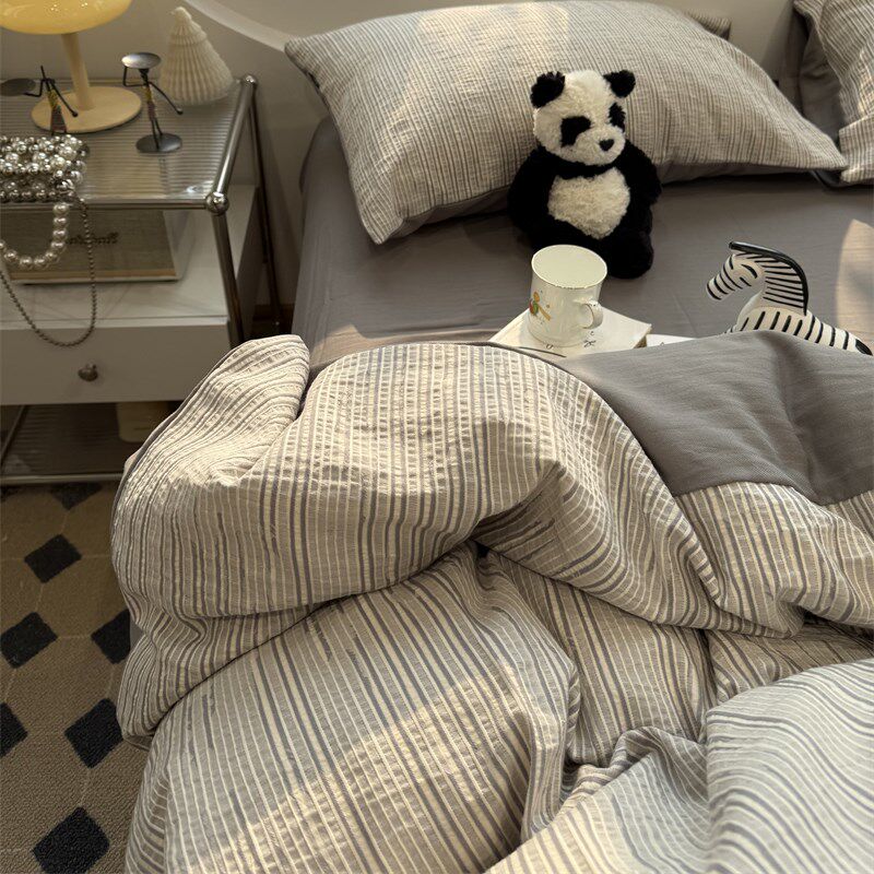 欧式简约灰色色织水洗棉提花床上四件套全棉1.5m1.8米被套三件套