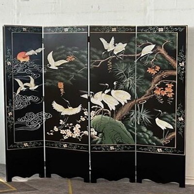 简约中试手绘漆画屏风折叠可移动客厅背景茶室装饰卧室隔断可定制