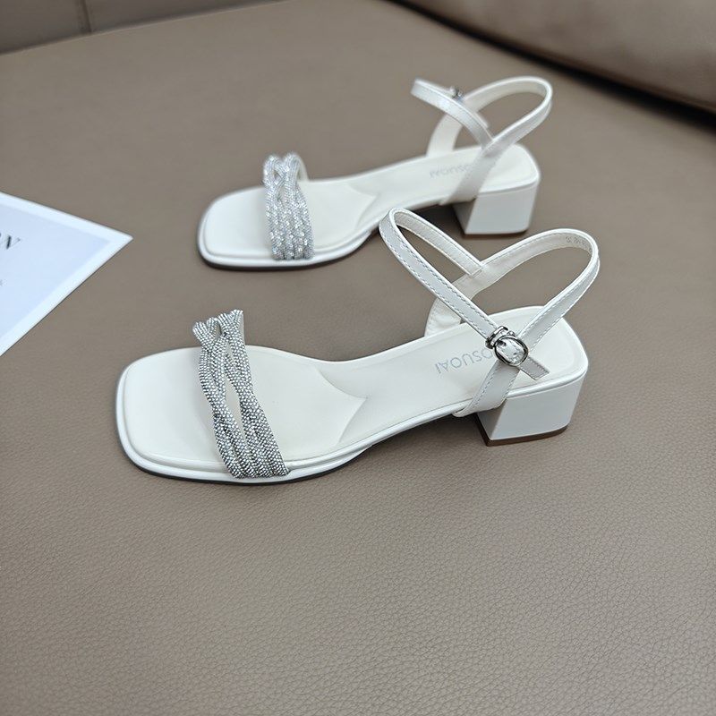 法式网红高跟鞋女2025年夏季新款粗跟气质水钻一字带时尚中跟凉鞋,女鞋,一字带凉鞋,淘宝优惠券,粉丝福利购,淘宝优惠卷