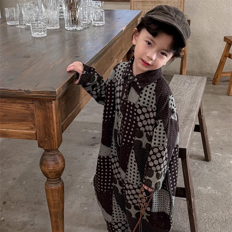 暮晨家新款春装2025男童印花长袖衬衫连体衣中小童宽松九分阔腿裤
