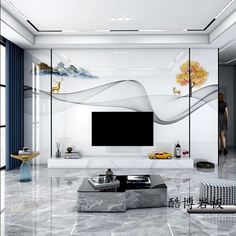 瓷砖电视背景墙效果图高温微晶石岩板现代简约客厅石材沙发大板墙