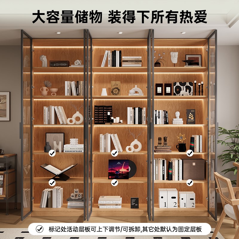 橡木定制书柜圆弧玻璃门定制整墙一体到顶书架去客厅化实木展示柜