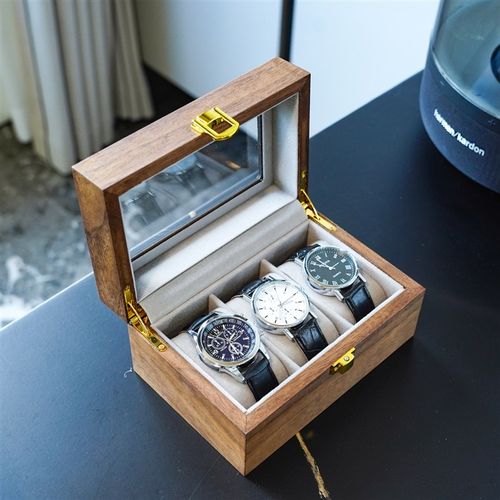 3位黑胡桃木纹灰色绒布手表收纳盒 腕表收藏展示盒透明天窗防氧化