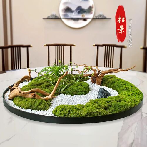 厂促酒店餐桌中间转枯景摆件新式中盘真造景花装R饰大圆桌花艺沙