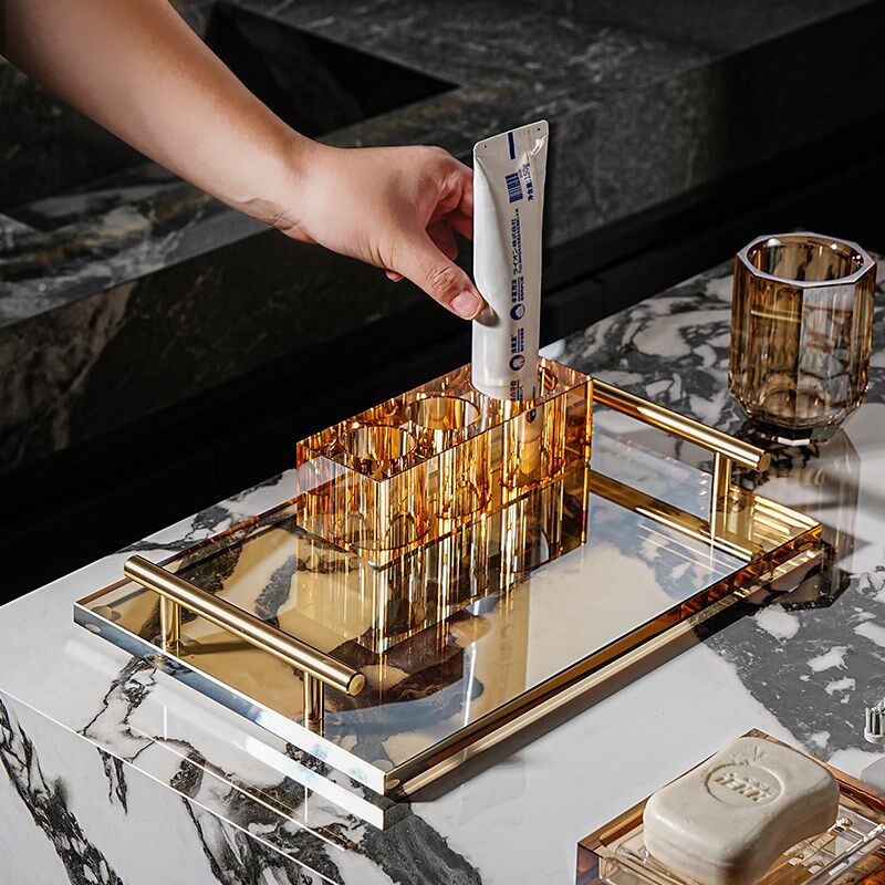 高级水晶玻璃置物架浴室台面护肤洗漱用品牙具收纳牙杯架收纳托盘