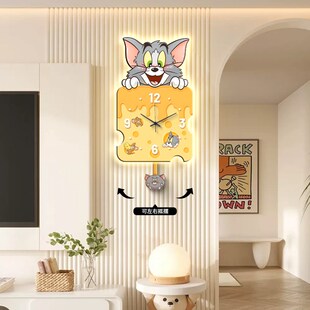 猫和老鼠卡通挂钟奶油风客厅钟表挂墙儿童房摇摆时钟静音免打孔