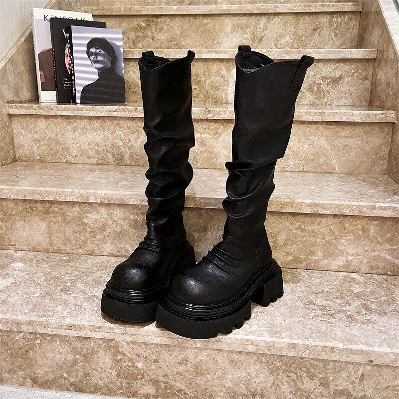 马丁靴褶皱堆堆靴不过膝靴机车靴厚底松糕长筒靴T美拉德小个子女