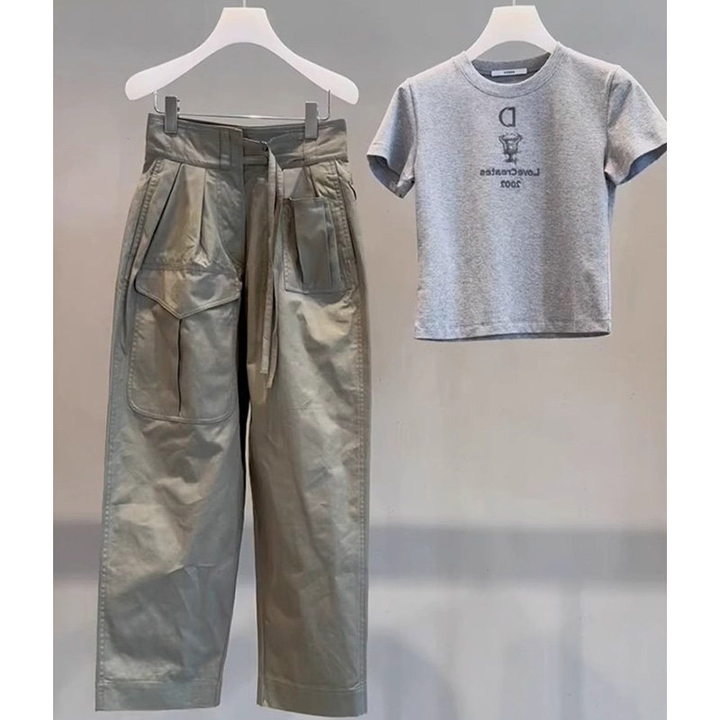 夏装搭配一整套炸街减龄时尚休闲军绿色工装阔腿裤套装女2024新款