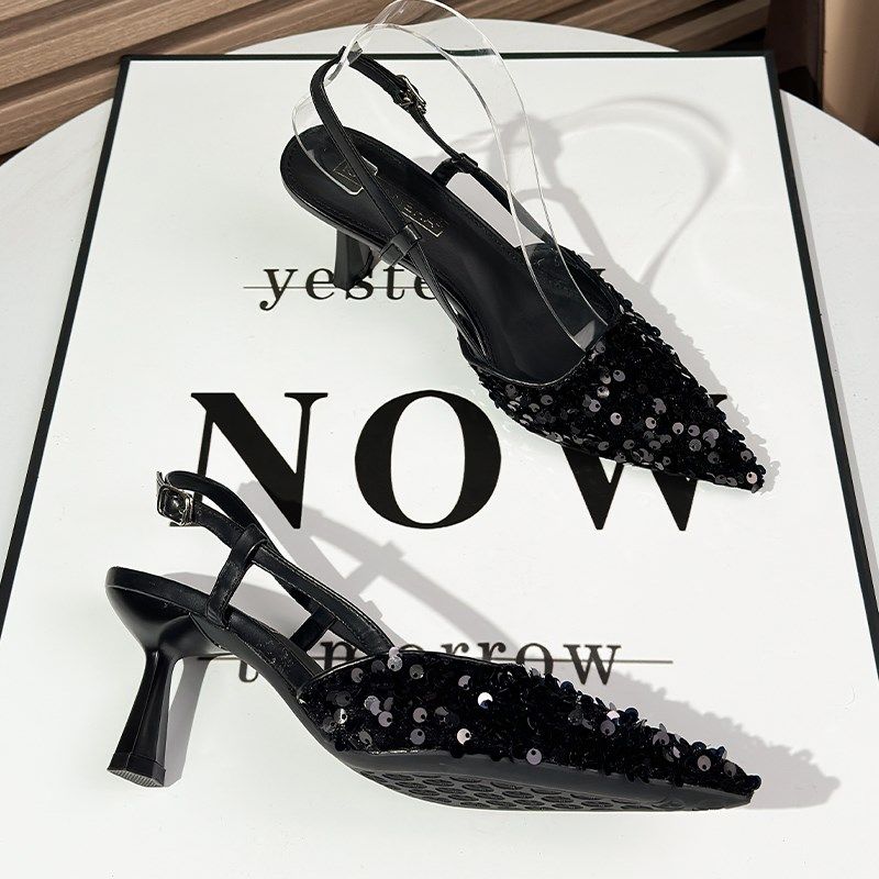 气质亮片黑色职业工作一字带尖头后空高跟鞋女2025年新款细跟凉鞋,女鞋,时装凉鞋,淘宝优惠券,粉丝福利购,淘宝优惠卷