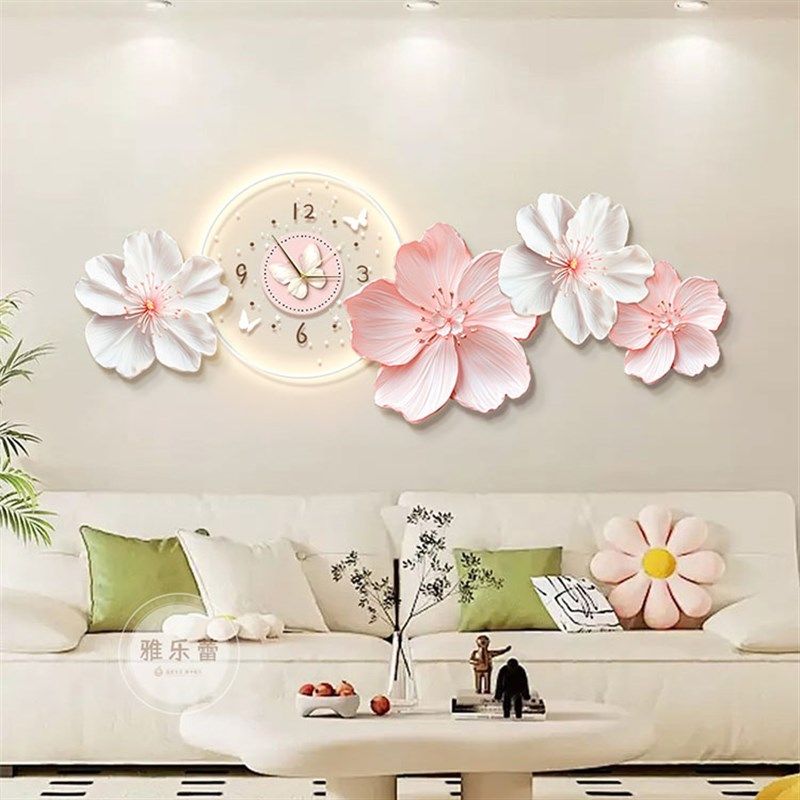 奶油风客厅装饰画带钟表法式高级感沙发背景墙大气挂画卧室壁灯画