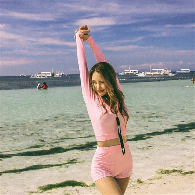 泳衣女分体式两件套学生少女粉色运动款平角长袖防嗮拉链遮肚显瘦